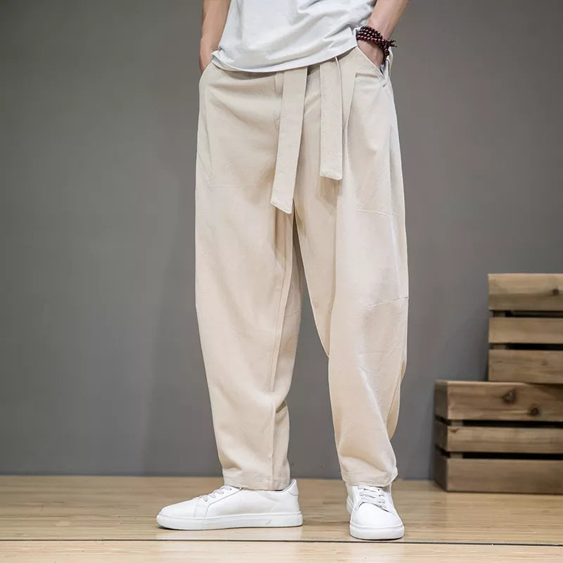 Spring Cotton Linen Pants Men Elastic Waist Casual Harem Pant