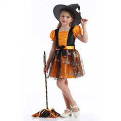 Children Girls Halloween Cosplay Witch Costume With Hat Witch Dress Clothing Set