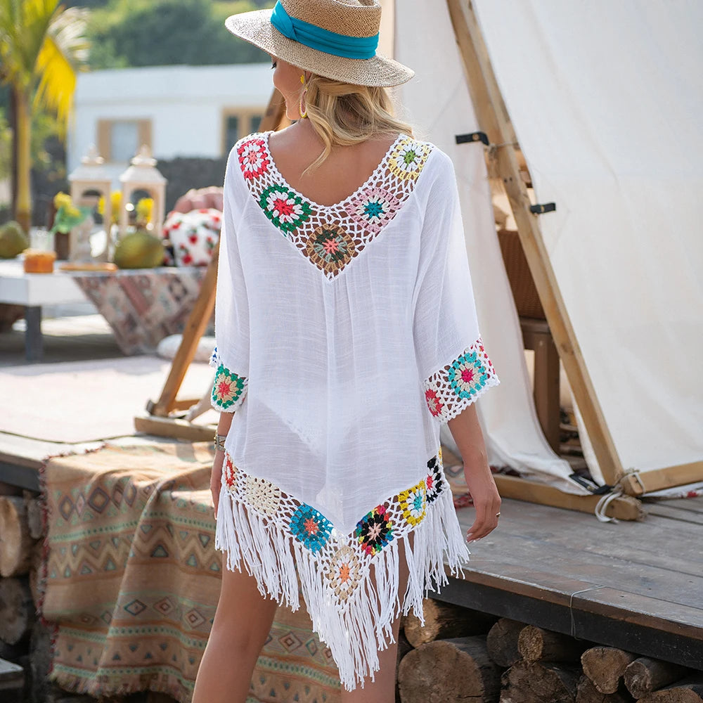 BIKINI White Bikini Cover Up With Fringe Trim Women Tunic Beach Dress Summer Bathing Suit Beachwear