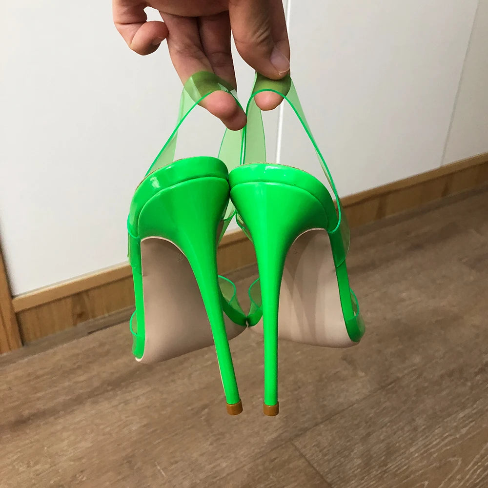 Veowalk Summer Women Green Soft PVC Transparent Pointy Toe Slingback Stiletto Pumps Ladies High Heel Sandals Shoes