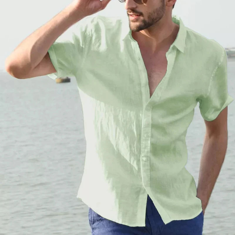 Men's Casual Short Sleeve Shirt Street Wear Lapel Button Solid Color Cotton Linen Shirt for Men