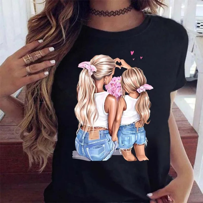 T Shirt Cartoon Mom with Sons Shirt Fashion Print Casual Woman Tee Ladies