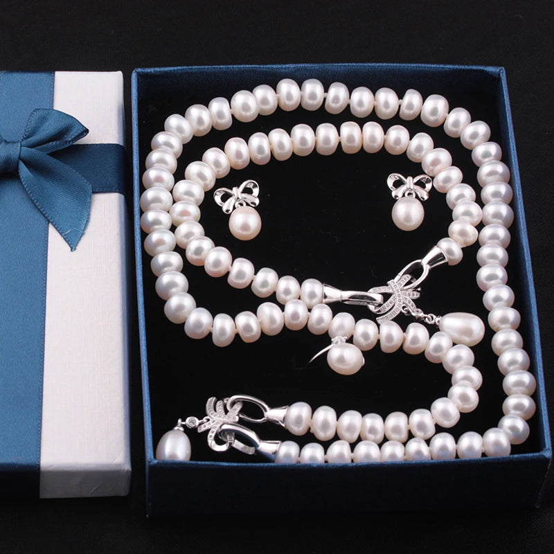 4 Items natural cultured freshwater pearl jewelry sets s925 silver pendant necklace earrings fine wedding jewelry