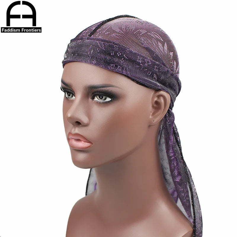 Fashion Mesh Men's Silky Sparkly Durags Turban Floral Men Silk Durag