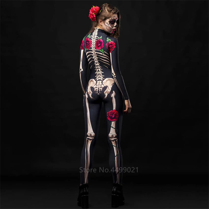 Halloween Dress Scary Costume Rose Skeleton Adult Kids Cosplay Jumpsuit