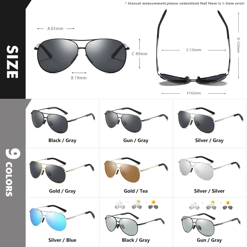 Men Vintage Alloy Polarized Photochromic Sunglasses Pilot Sun glasses Coating Lens Driving Eyewear