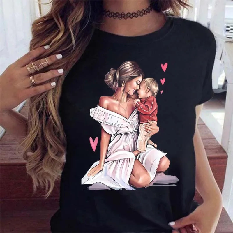 T Shirt Cartoon Mom with Sons Shirt Fashion Print Casual Woman Tee Ladies