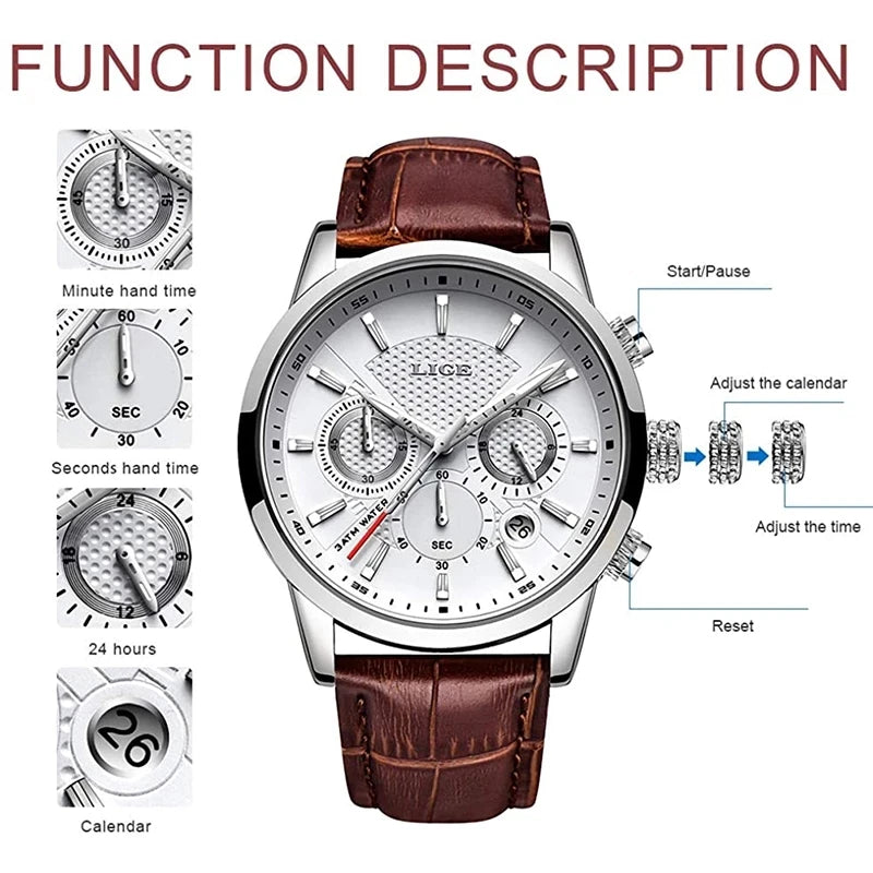 Top Brand Luxury Casual Leather Quartz Men's Watch Business Clock Male Sport Waterproof Date Chronograph