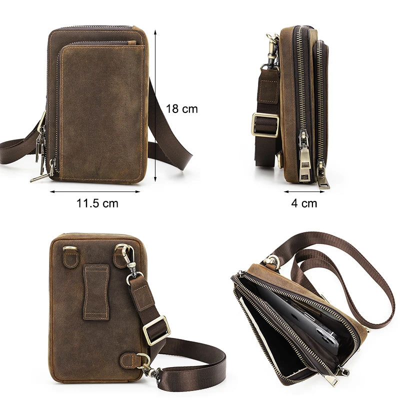 CONTACT'S Crazy Horse Leather Men Crossbody Bag Casual Waist Pack Fanny Belt Bag For Male Small Phone Pocket Shoulder Bags