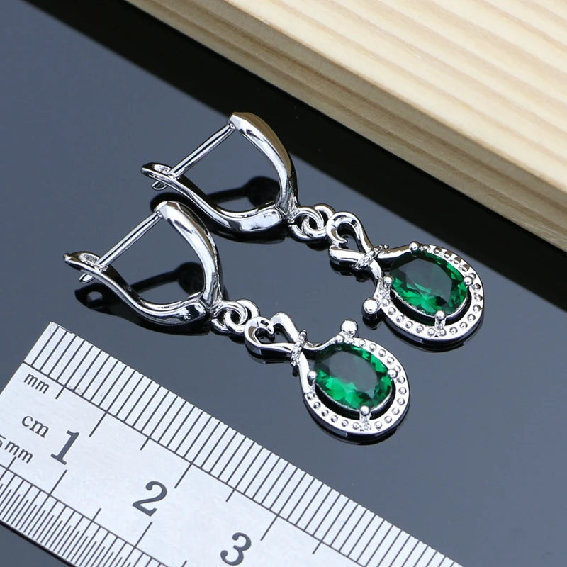 Women Green Emerald Birthstone Simple Office Long Earrings Bracelet Necklace Set