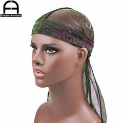 Fashion Mesh Men's Silky Sparkly Durags Turban Floral Men Silk Durag