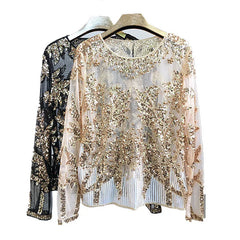 Sequined Embroidery Rose Flower Shirt Shiny Transparent Gauze Heavy Beading S Blusa Camisa Luxury Party Club Tops