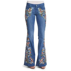 Spring Women Plus Size  Multicolor Boho Floral  Embroidery Long Flare Jeans