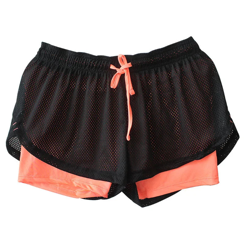 Women Sport Yoga Fitness Shorts Summer Drawstring Running Clothes Breathable Fake Two Pieces Gym Workout Sports Short Plus Size