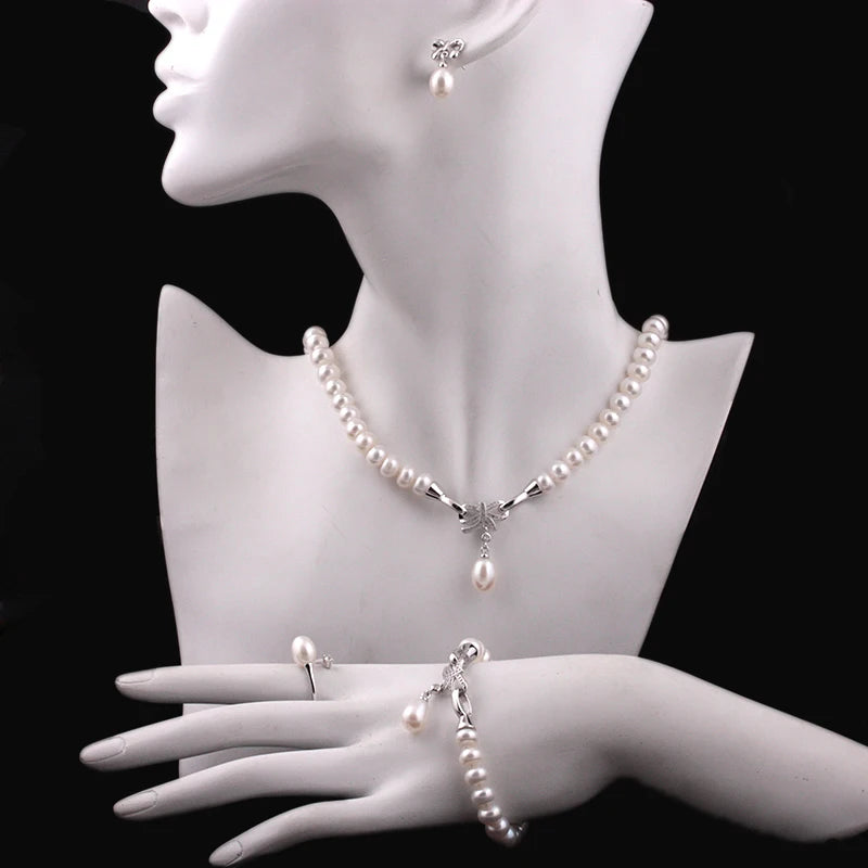 4 Items natural cultured freshwater pearl jewelry sets s925 silver pendant necklace earrings fine wedding jewelry