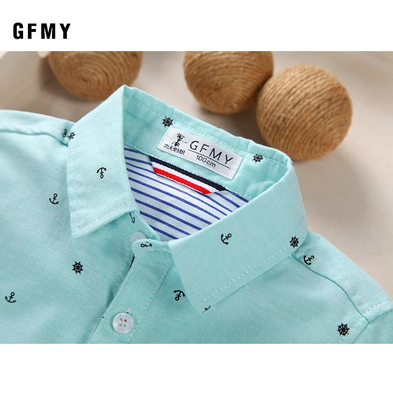 Children Shirts Casual Solid Cotton Short-sleeved Boys shirts For 2-14 Years Ribbon Decoration Baby shirts