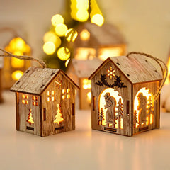 Christmas LED Light Wooden House Luminous Cabin Christmas Decorations Home Decor Night Lamp Pendant Prop