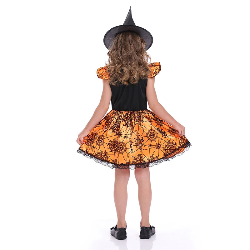 Children Girls Halloween Cosplay Witch Costume With Hat Witch Dress Clothing Set