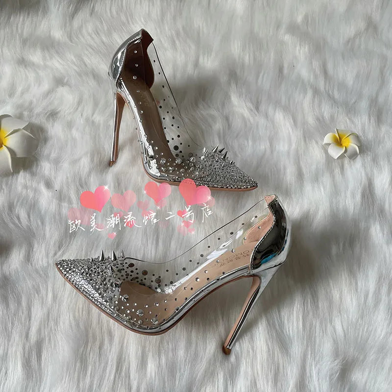 TOMONYE transparent PVC silver crystal stud spike women lady girl 120 100 thin heel wedding party shoes hot sale