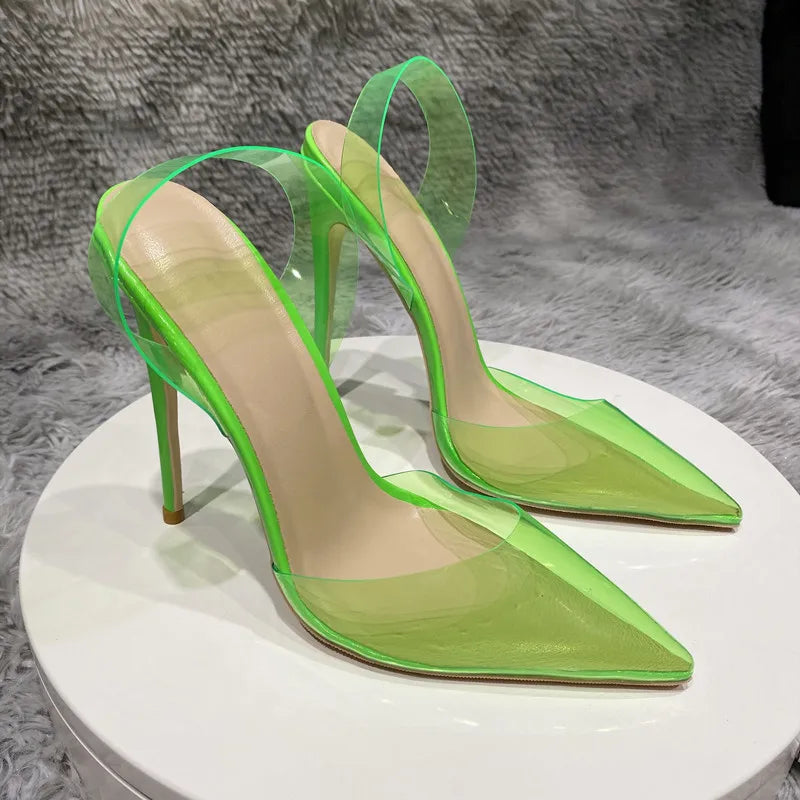 Veowalk Summer Women Green Soft PVC Transparent Pointy Toe Slingback Stiletto Pumps Ladies High Heel Sandals Shoes