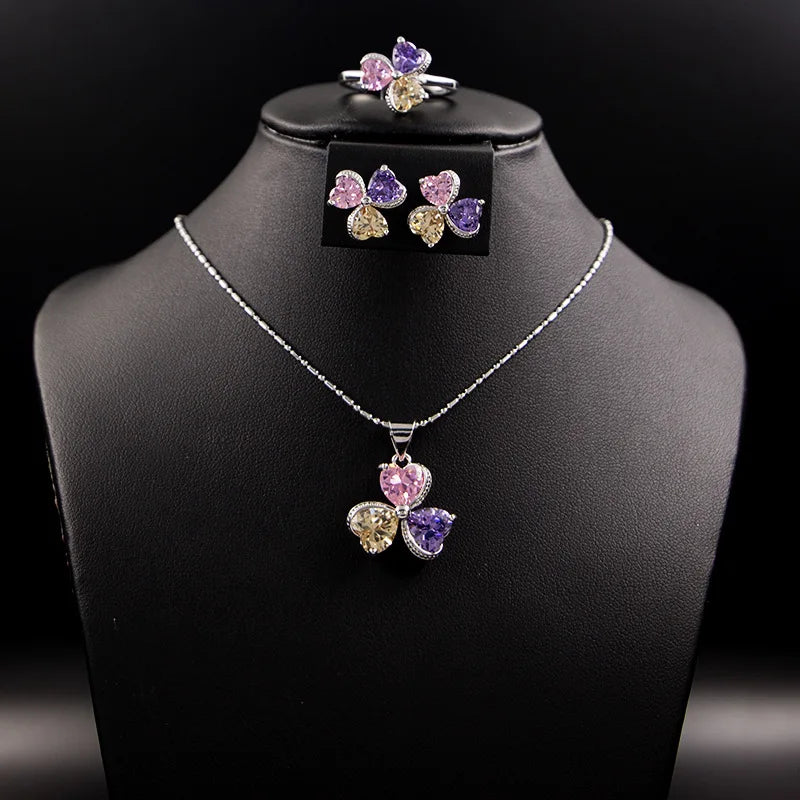 Multicolor Silver 925 Bridal Jewelry sets For women Cubic Zirconia Necklace Earrings Ring Bracelets For Wedding