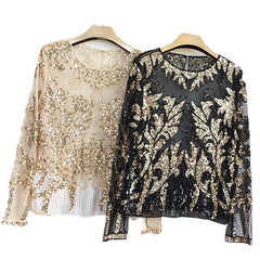 Sequined Embroidery Rose Flower Shirt Shiny Transparent Gauze Heavy Beading S Blusa Camisa Luxury Party Club Tops