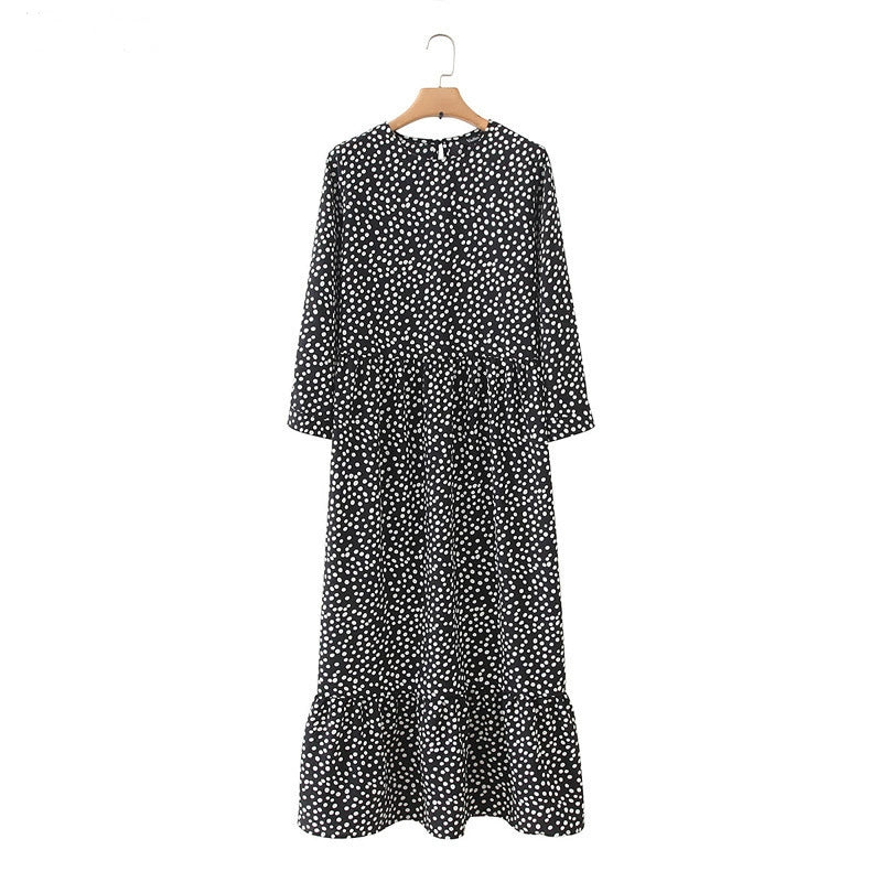 Women Black Dots Print Maxi Dress Pleated Spring