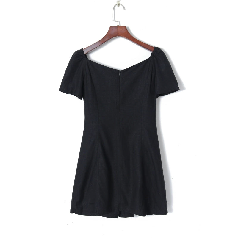 Square Collar Puff Sleeve Single-Breasted Strap Slim-Fit Dress