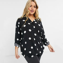 Polka Dot Print Half-Open Collar Plus Size Ladies Casual Loose Shirt