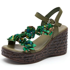 Word Flower Platform Sandals Summer Genuine Leather Mori look