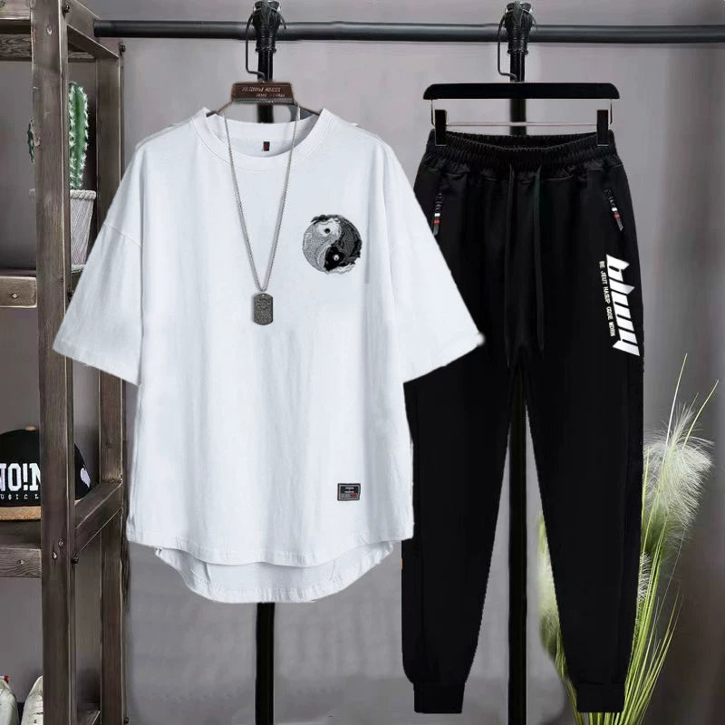 Men's Clothing Full Set Handsome Short Sleeve T-shirt Two-Piece Set Student Clothes Pants