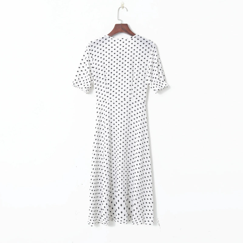 Retro Contrast Color Polka Dot V-neck Lace-up Lotus Leaf Trim High Waist Slim Looking Dress