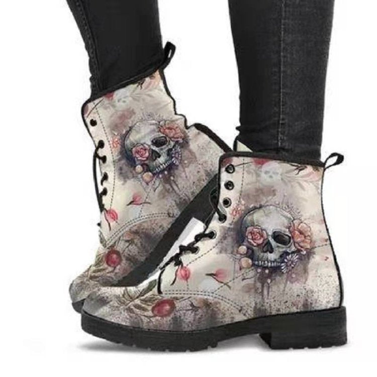 Women's Fashion Simple Printed Leather Tooling Combat Boots