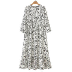 Women Black Dots Print Maxi Dress Pleated Spring