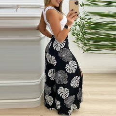 Hollow Vest and Tropical Print Split Wide Leg Pants Set Split