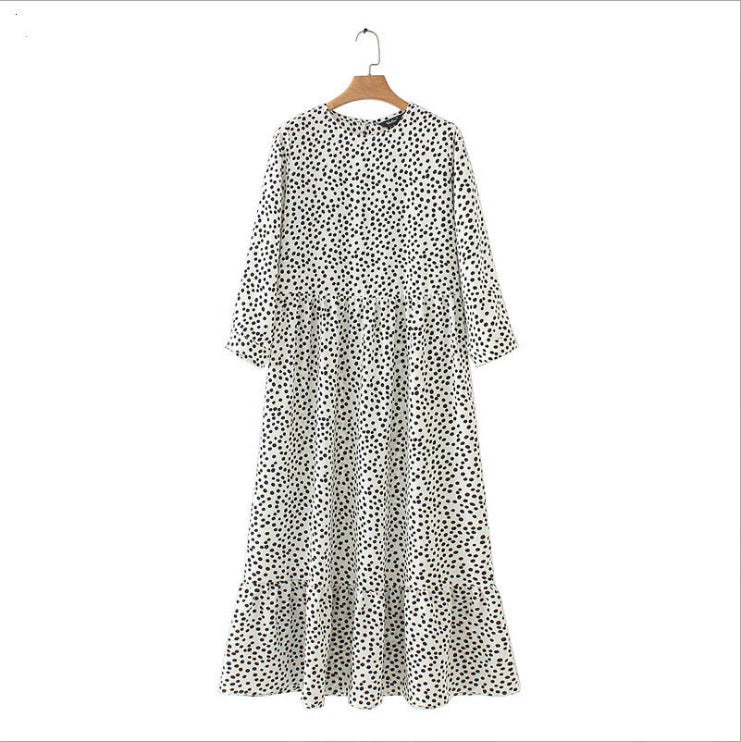 Women Black Dots Print Maxi Dress Pleated Spring