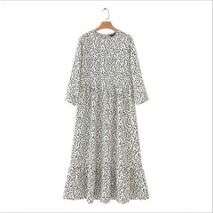 Women Black Dots Print Maxi Dress Pleated Spring