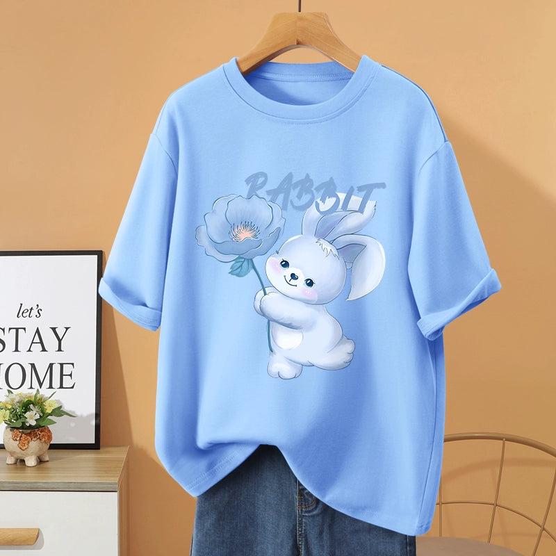 Loose Plus Size Sky Blue Short Sleeve Summer Plus Size Ladies Cotton Shoulder T-shirt Women's