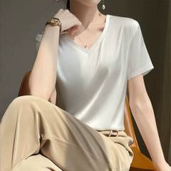 T-shirt Simple Half Sleeve Silk Satin Top Acetate