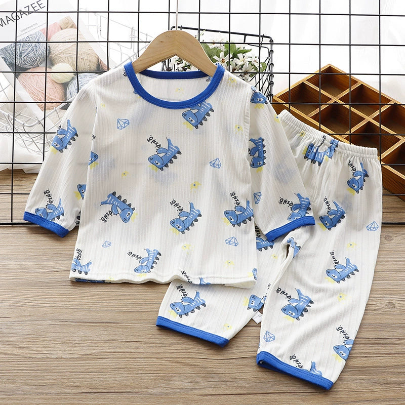 Children's Loungewear Suit Summer Thin Boys and Girls Ice Silk 3/4 Sleeve Cotton Sense Pajamas Baby Breathable Air Conditioning Clothes