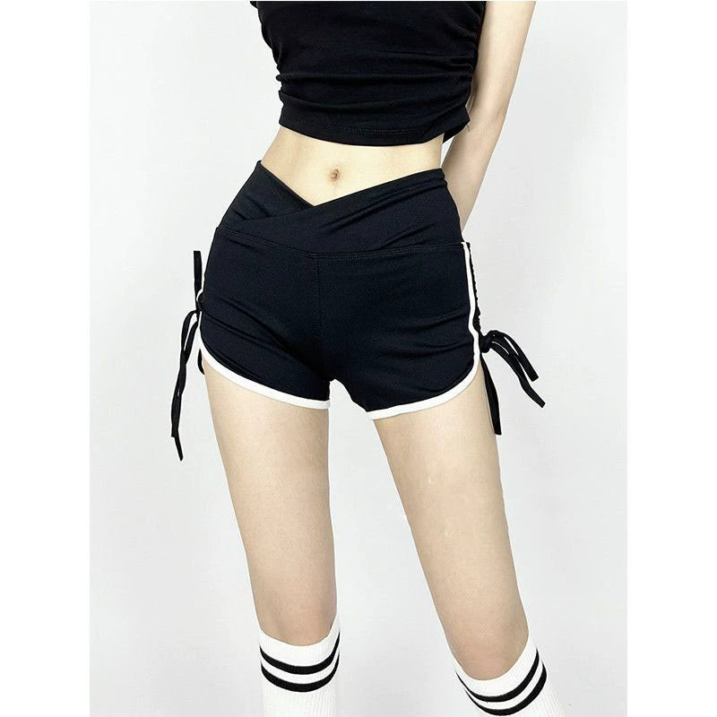 INS Contrast Color Sports Shorts Tight High Waist Drawstring