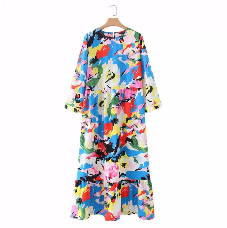 Women Black Dots Print Maxi Dress Pleated Spring