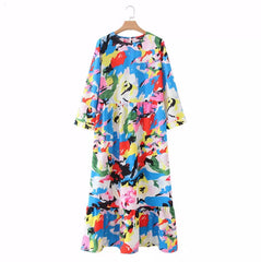 Women Black Dots Print Maxi Dress Pleated Spring