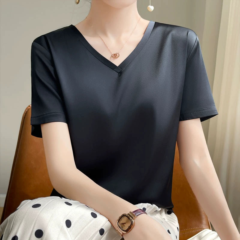 T-shirt Simple Half Sleeve Silk Satin Top Acetate