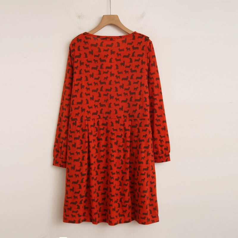 Dog Full Body Print Breastfeeding Long Sleeve Dress