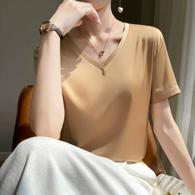 T-shirt Simple Half Sleeve Silk Satin Top Acetate