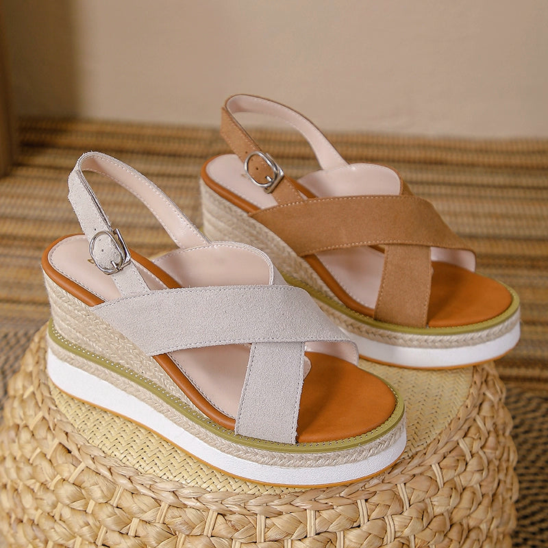 Genuine Leather Summer Thick Sole Roman Fairy Style Wedge Sandals