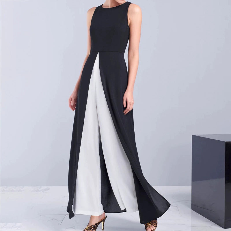 Sleeveless Body Shaping Black and White Contrasting-Color Dress Trousers Suit