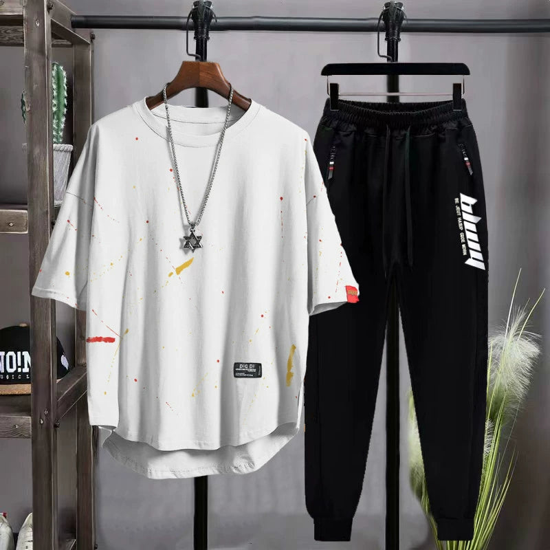 Men's Clothing Full Set Handsome Short Sleeve T-shirt Two-Piece Set Student Clothes Pants