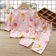 Children's Loungewear Suit Summer Thin Boys and Girls Ice Silk 3/4 Sleeve Cotton Sense Pajamas Baby Breathable Air Conditioning Clothes